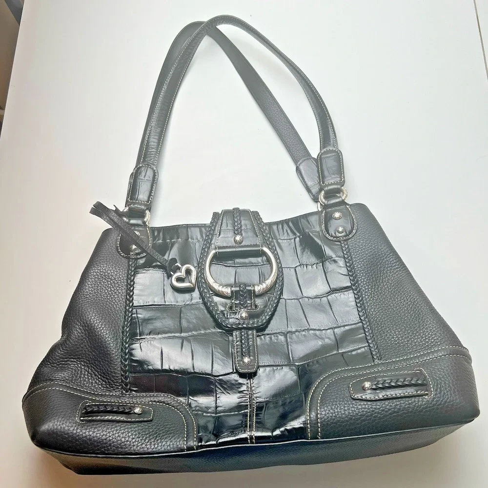 BRIGHTON BLACK GRAINED LEATHER & EMBOSSED CROC SATCHEL ICONIC HEART CHARM